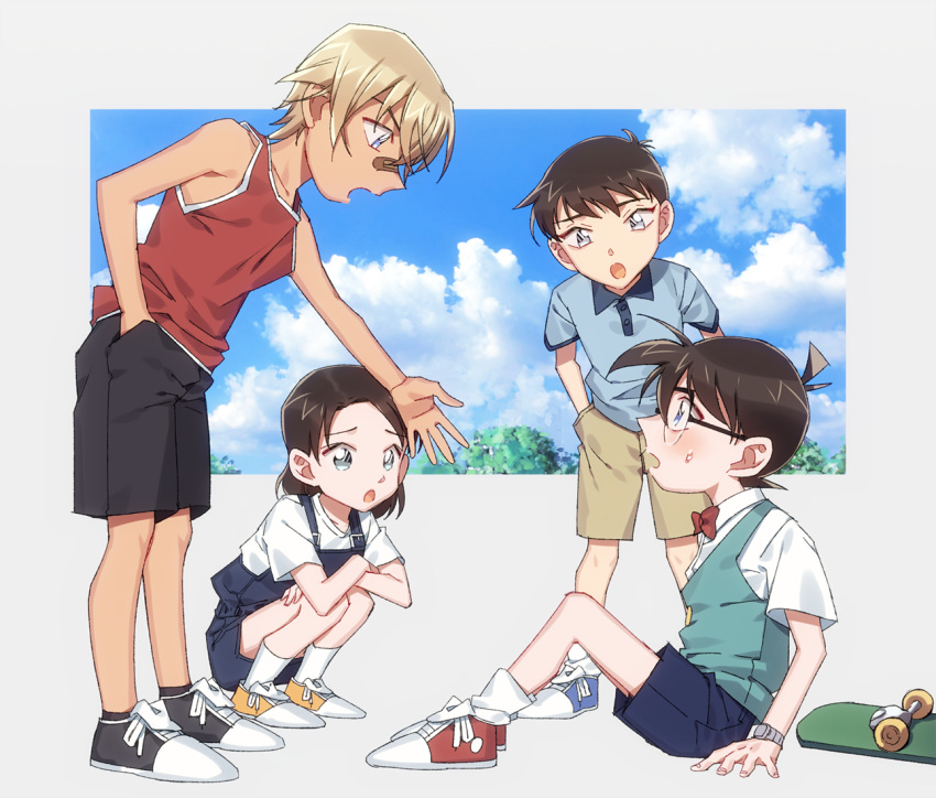 2boys 2girls amuro_tooru bandaid bandaid_on_nose bangs black-framed_eyewear black_footwear black_shorts blonde_hair blue_eyes blue_footwear blue_overalls blue_shirt blue_shorts blue_sky blue_vest blush bow bowtie brown_hair brown_shorts child cloud collared_shirt commentary_request crossed_arms day edogawa_conan eye_contact full_body glasses hair_between_eyes hand_in_pocket k_(gear_labo) leaning_forward long_hair looking_at_another meitantei_conan miyano_akemi multiple_boys multiple_girls outstretched_arm overalls red_bow red_footwear red_neckwear red_shirt scotch_(meitantei_conan) shirt shoes short_hair shorts sitting skateboard sky sleeveless sleeveless_shirt sneakers socks squatting standing sweatdrop time_paradox vest watch white_legwear white_shirt wristwatch yellow_footwear younger