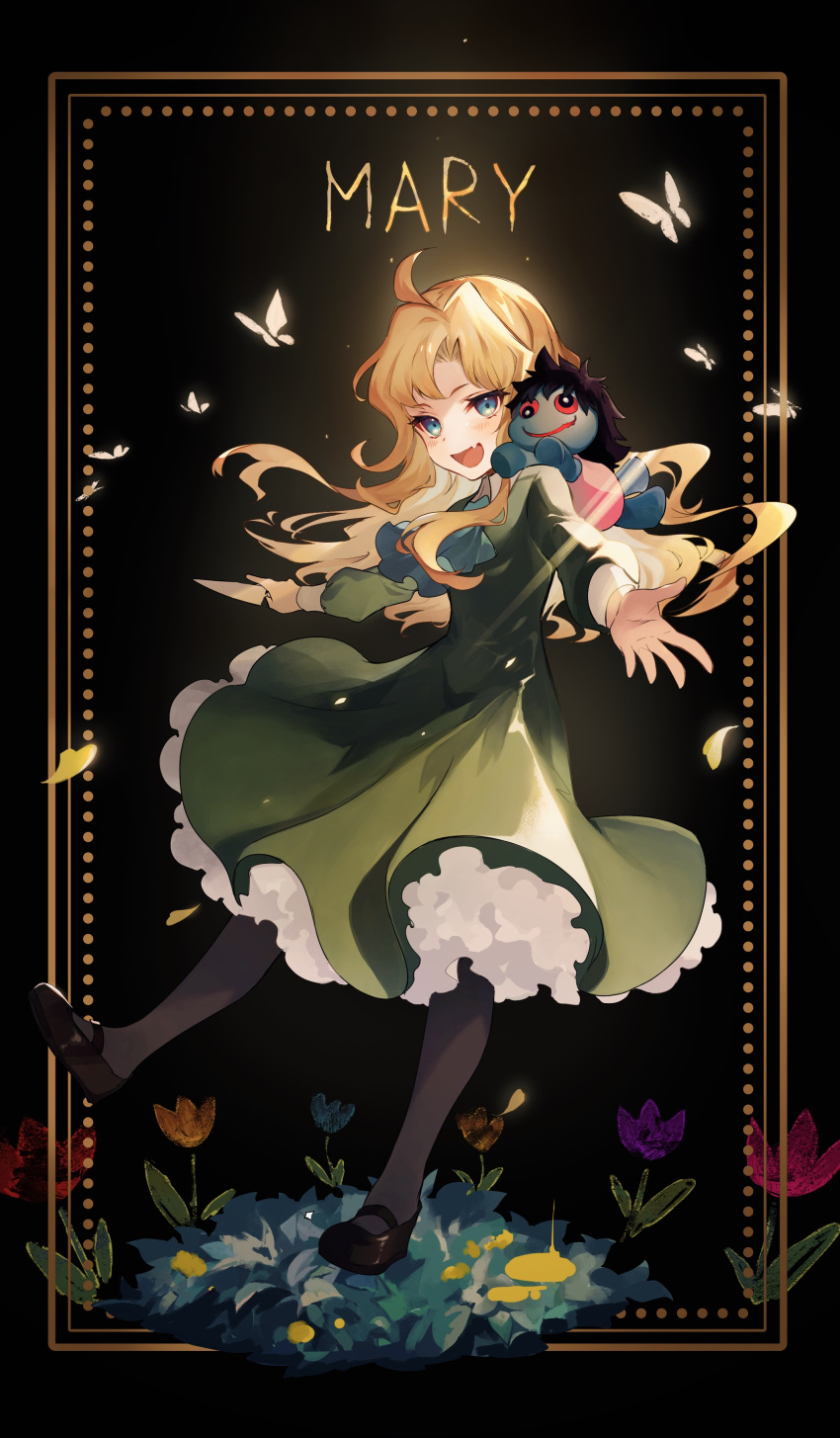 1girl :d absurdres ahoge backlighting black_background black_footwear black_legwear blonde_hair blue_eyes blue_neckwear bug butterfly character_name child_drawing collared_shirt crayon_drawing doll doll_(ib) dress eyebrows_visible_through_hair fang flower frilled_dress frills full_body green_dress highres ib insect knife leaf light_particles long_hair looking_at_viewer mary_(ib) mary_janes open_mouth outstretched_arm palette_knife pantyhose remon_(10112) shirt shoes smile solo undershirt white_shirt