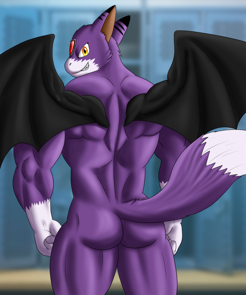 anthro athletic athletic_male back_muscles biceps big_muscles black_body black_skin black_stripes black_wings butt digimon digimon_(species) dipstick_tail dorumon dragon evil_grin flameydragwasp fluffy fluffy_tail fox_tail fur furred_dragon grin hi_res locker_room looking_at_viewer looking_back male membrane_(anatomy) membranous_wings multicolored_tail muscular muscular_male purple_body purple_fur rear_view smile solo stripes teeth teeth_showing threatening uf veiny_arms veiny_muscles white_body white_fur wings x-digimon yellow_eyes