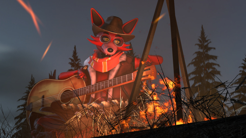 16:9 acura_(artist) animatronic aviator_glasses campfire chaps clothing cowboy_hat fire five_nights_at_freddy's forest foxy_(fnaf) grass guitar hat headgear headwear machine male musical_instrument plant plucked_string_instrument robot scarf solo string_instrument tree video_games widescreen wilderness