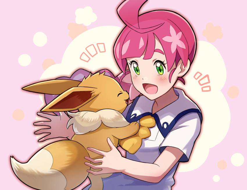 1girl :d blush chloe_(pokemon) collared_dress commentary_request dress eevee eyelashes gen_1_pokemon green_eyes happy highres imminent_hug itsumiruka long_hair open_mouth pink_hair pokemon pokemon_(anime) pokemon_(creature) pokemon_swsh_(anime) school_uniform short_sleeves smile tongue upper_body white_dress