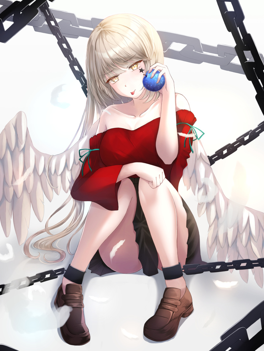 1girl :p absurdres bangs bare_shoulders blonde_hair blue_apple bottomless breasts brown_footwear chain cleavage collarbone eyebrows_visible_through_hair food fruit green_ribbon hand_on_own_knee hand_up highres holding holding_food holding_fruit infinity_(kkx132) knees_up large_breasts long_hair looking_at_viewer off_shoulder original ribbon sitting skirt solo star_(symbol) thighs tongue tongue_out white_background wings yellow_eyes