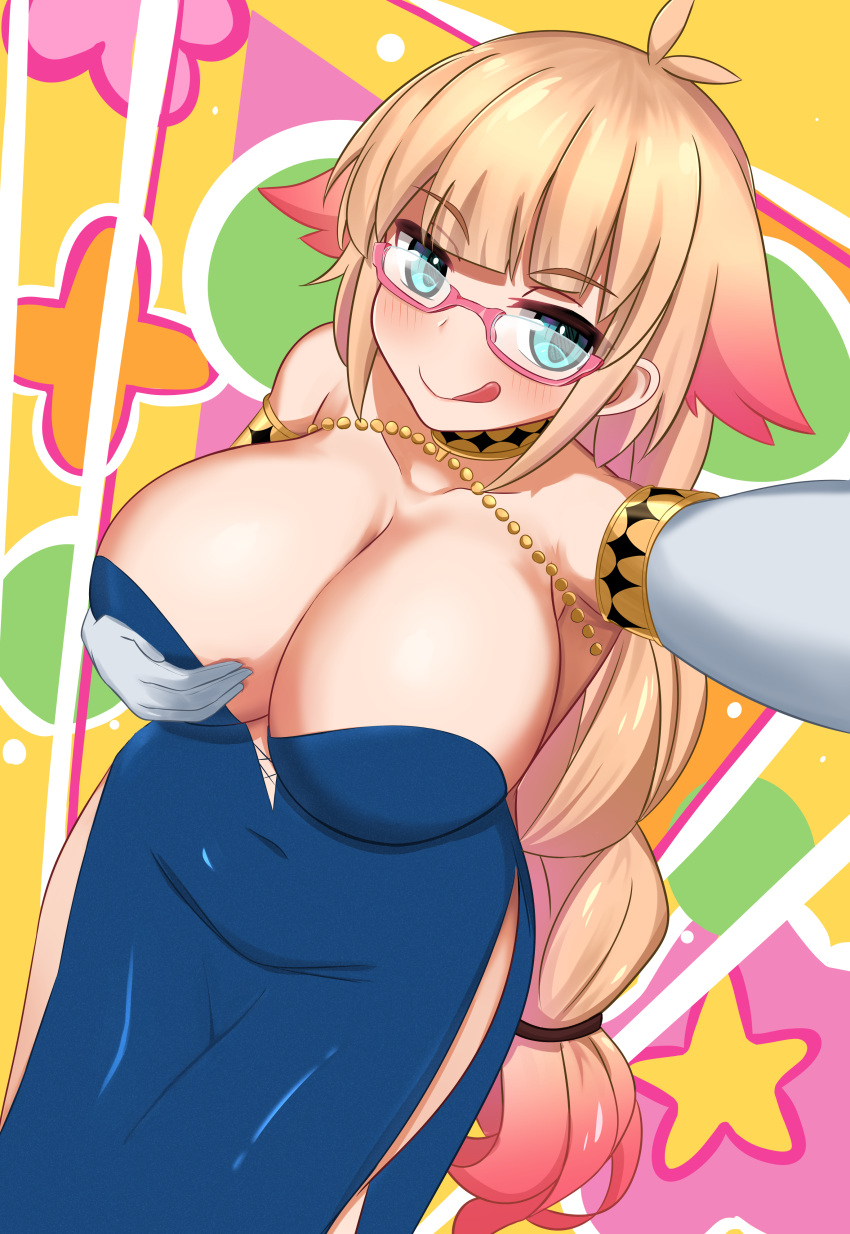 1girl absurdres aqua_eyes bangs blonde_hair blue_dress blunt_bangs blush breasts demia_duodectet dress elbow_gloves glasses gloves gradient_hair highres ishuzoku_reviewers kirby_lord large_breasts licking_lips long_hair low-tied_long_hair multicolored_hair naughty_face no_bra pink_hair self_shot sidelocks solo standing tongue tongue_out very_long_hair white_gloves