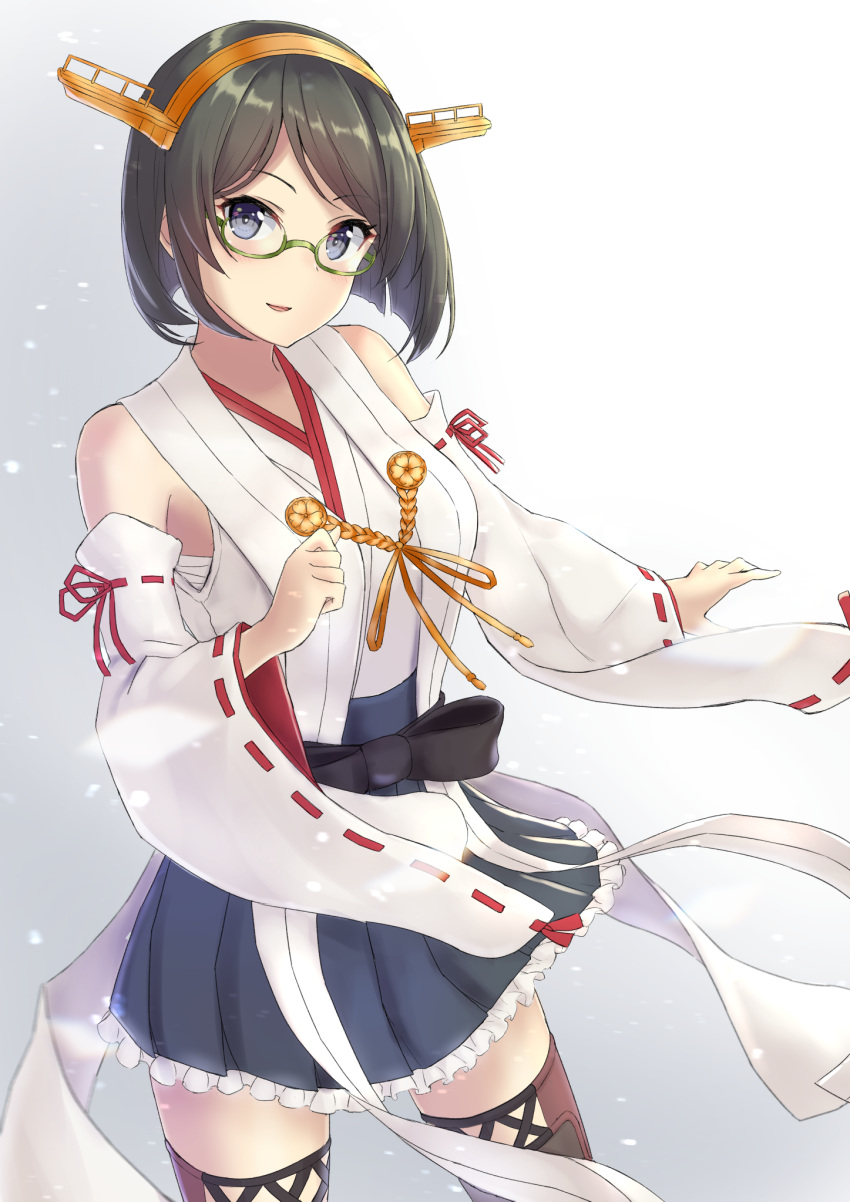 1girl bangs bare_shoulders black_hair blush breasts detached_sleeves eyebrows_visible_through_hair glasses green-framed_eyewear hair_ornament hairband headgear highres japanese_clothes kantai_collection kirishima_(kantai_collection) long_sleeves looking_at_viewer monoku nontraditional_miko parted_lips remodel_(kantai_collection) ribbon-trimmed_sleeves ribbon_trim short_hair simple_background smile solo thighhighs white_background