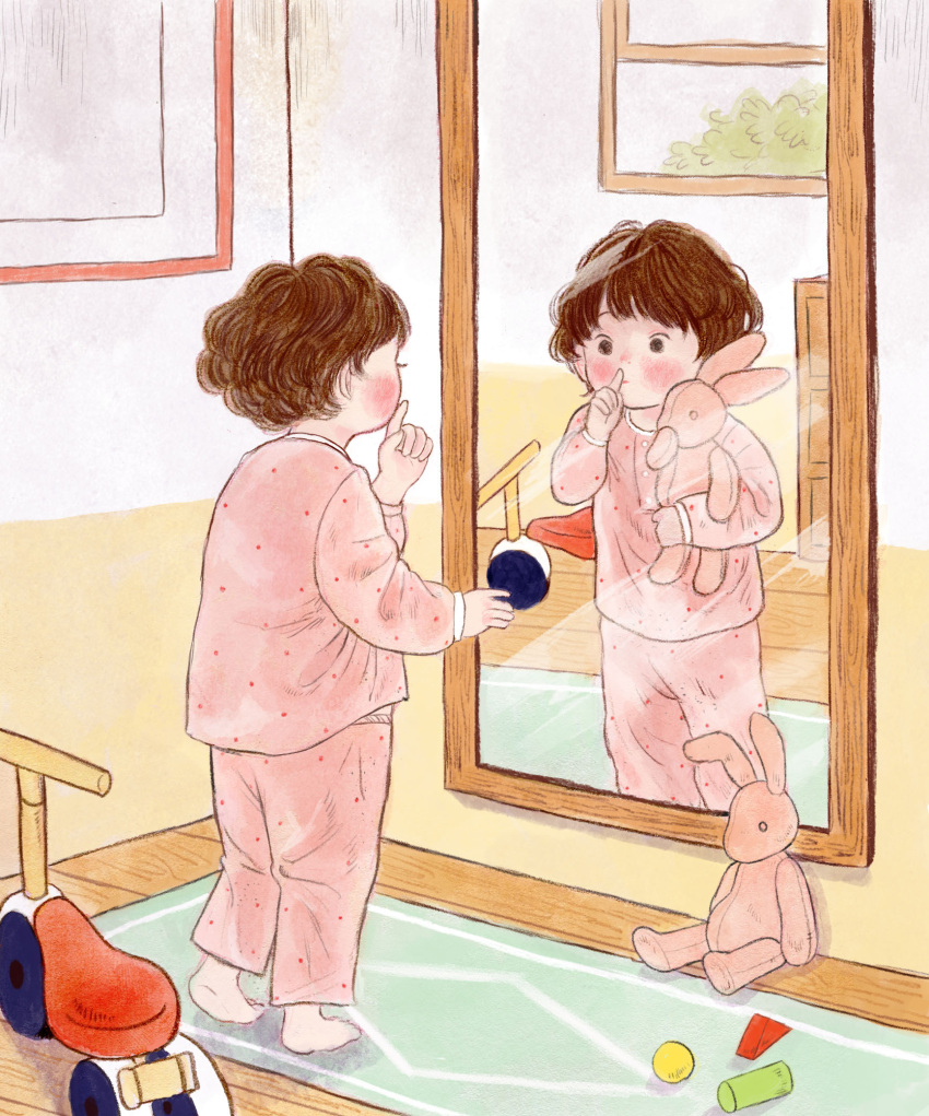 1girl barefoot blush brown_hair child different_reflection hand_up highres holding holding_stuffed_toy index_finger_raised indoors mirror original pajamas pink_pajamas reflection short_hair solo standing stuffed_animal stuffed_bunny stuffed_toy window yoovora