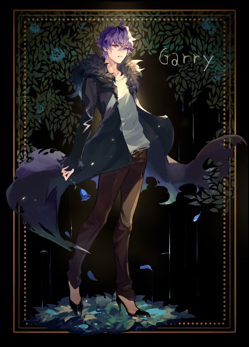 1boy absurdres backlighting blue_flower blue_rose character_name coat eyebrows_visible_through_hair flower full_body fur-trimmed_coat fur_trim garry_(ib) hair_between_eyes high_heels highres holding holding_flower ib leaf light_particles long_sleeves looking_at_viewer male_focus messy_hair open_mouth parted_lips petals purple_eyes purple_hair rain remon_(10112) rose short_hair skirt solo standing torn_coat