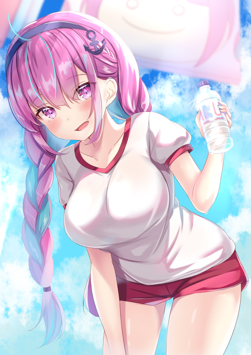 1girl alternate_costume alternate_hairstyle bending blush bottle breasts buruma flag gym_uniform highres hololive large_breasts long_hair looking_at_viewer minato_aqua open_mouth purple_eyes sky virtual_youtuber water_bottle yuano