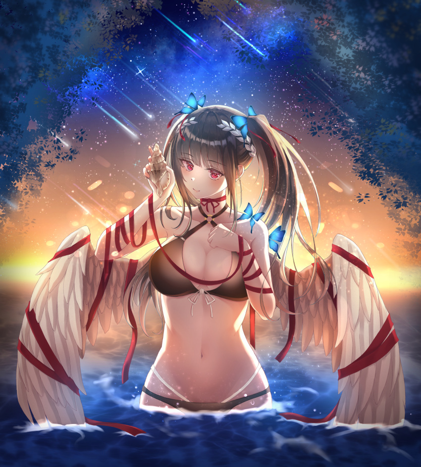 1girl absurdres arm_up bangs bikini black_bikini black_hair breasts bug butterfly butterfly_hair_ornament choker cleavage closed_mouth collarbone eyebrows_visible_through_hair hair_ornament hair_ribbon hand_up highres holding in_water infinity_(kkx132) insect large_breasts long_hair looking_at_viewer meteor navel ocean original red_choker red_eyes red_ribbon ribbon shooting_star smile solo standing star_(symbol) stomach sunset swimsuit twintails water wings