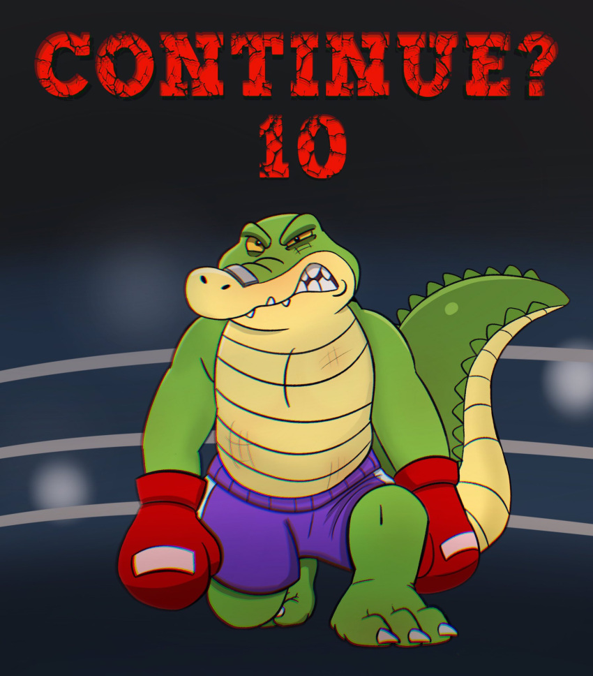 2021 alligator alligatorid anthro bottomwear brok_(character) brok_the_investigator clothing crocodilian fighting_ring green_body hi_res introvertedpooch male reptile scalie shorts solo teeth text video_games wrestler