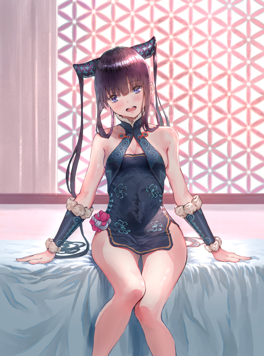 1girl absurdres bangs bare_shoulders black_dress blue_eyes blush breasts china_dress chinese_clothes cleavage detached_sleeves dress fate/grand_order fate_(series) hair_ornament highres koco_(dcde7288) long_hair looking_at_viewer medium_breasts open_mouth purple_hair side_slit sidelocks sitting smile thighs twintails very_long_hair yang_guifei_(fate/grand_order)