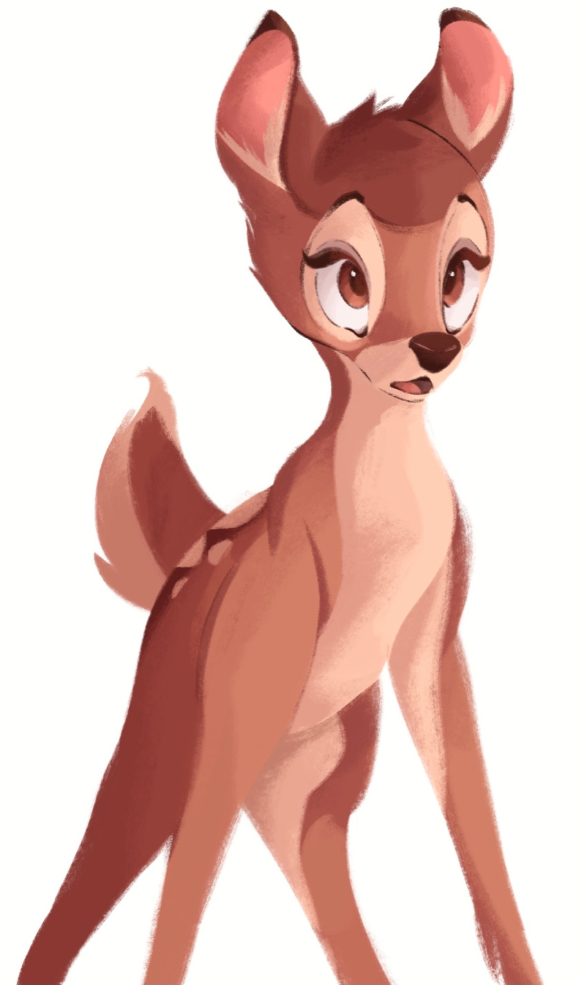 2021 bambi bambi_(film) brown_body brown_eyes brown_fur cervid disney feral fur head_tuft hi_res inner_ear_fluff light lighting mammal open_mouth simple_background solo tohupo tuft white_background