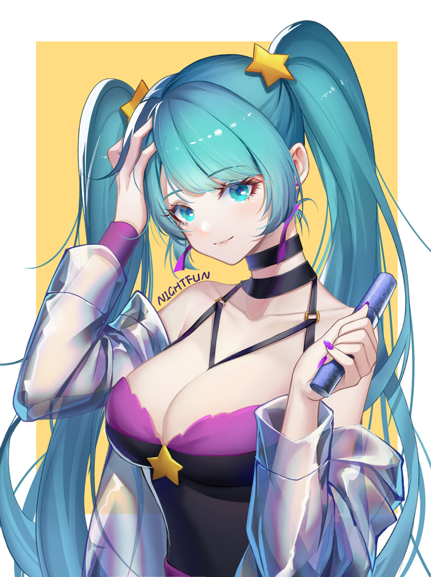 1girl artist_name bare_shoulders black_choker blue_eyes blue_hair breasts choker earrings hair_ornament hand_on_own_head highres holding jewelry large_breasts league_of_legends looking_at_viewer nail_polish smile sona_buvelle star_(symbol) star_hair_ornament wristband yellow_background