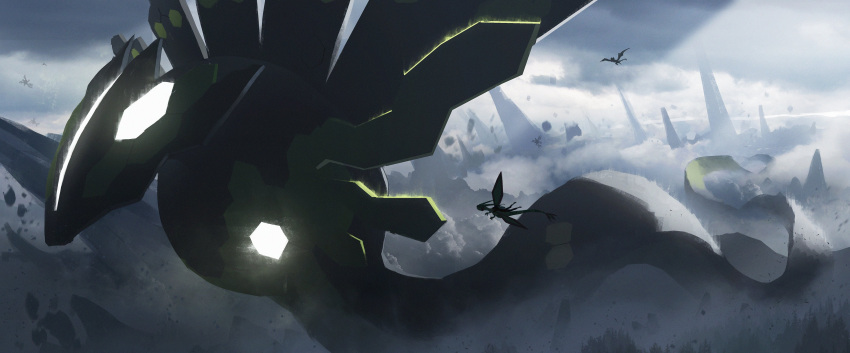 1other above_clouds absurdres asteroid_ill cloud commentary film_grain flygon from_side gen_3_pokemon gen_5_pokemon gen_6_pokemon giant glowing glowing_eyes highres legendary_pokemon light_beam noivern outdoors pokemon pokemon_(creature) riding_pokemon rock shoes sigilyph zygarde zygarde_(50)