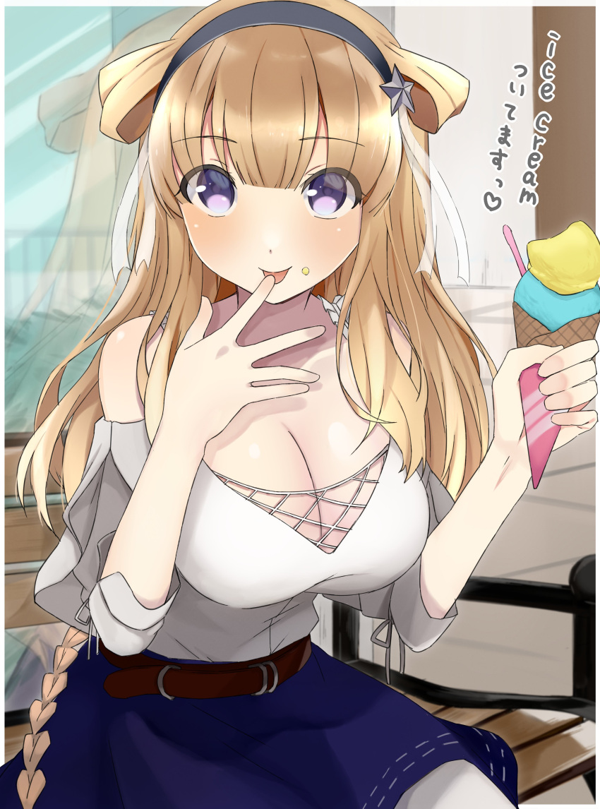 1girl absurdres bench black_hairband blonde_hair blue_skirt breasts cleavage commentary_request cowboy_shot double_bun fletcher_(kantai_collection) food hair_ornament hairband highres ice_cream kantai_collection large_breasts licking long_hair looking_at_viewer official_alternate_costume pantyhose purple_eyes reflection remodel_(kantai_collection) sitting skirt solo star_(symbol) star_hair_ornament toriniku_senshi_chikinman translation_request white_legwear