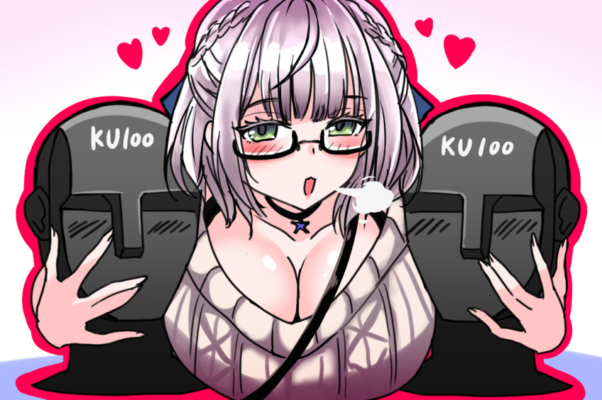 1girl aran_sweater between_breasts black-framed_eyewear blush breast_press breasts choker fingernails glasses green_eyes heart hololive huge_breasts leaning_forward purple_hair semi-rimless_eyewear shirogane_noel short_hair strap_between_breasts sweater under-rim_eyewear virtual_youtuber white_sweater yagami_(mukage)