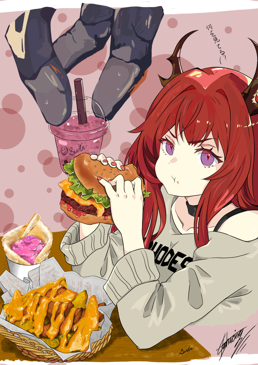 1girl :t absurdres alternate_costume arknights bare_shoulders black_choker bra_strap casual choker collarbone cup disposable_cup drinking_straw food grey_sweater hamburger highres holding holding_food horns long_hair looking_at_viewer multiple_views nail_polish off-shoulder_sweater off_shoulder pink_background pink_nails purple_eyes red_hair stg_(stg07201223) surtr_(arknights) sweater upper_body v-shaped_eyebrows