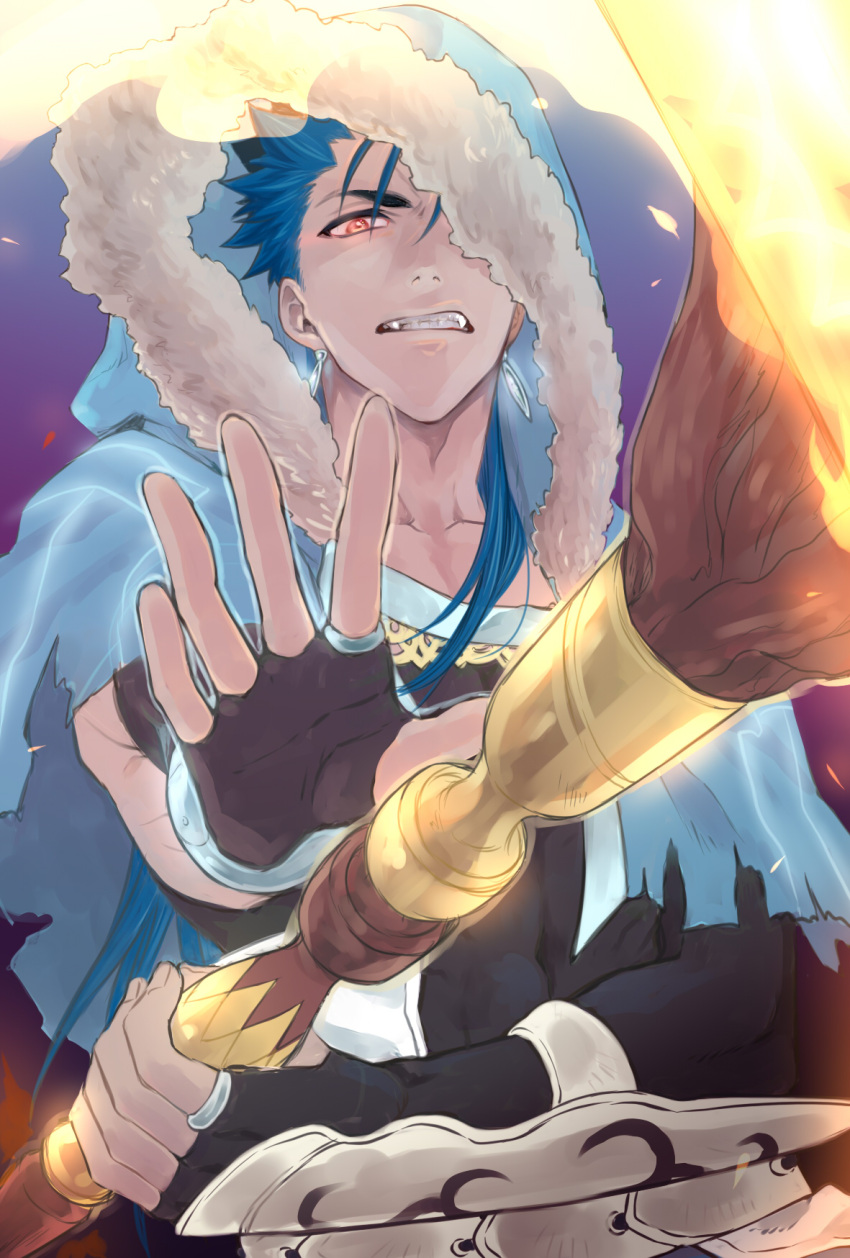 1boy angry blue_hair capelet closed_mouth cu_chulainn_(fate)_(all) cu_chulainn_(fate/grand_order) earrings fangs fate/stay_night fate_(series) fire fur-trimmed_hood fur_trim highres holding holding_staff hood hood_up hooded_capelet jewelry long_hair looking_at_viewer male_focus outstretched_hand red_eyes solo spiked_hair staff type-moon vambraces wooden_staff zunda_(stnt_ubw)