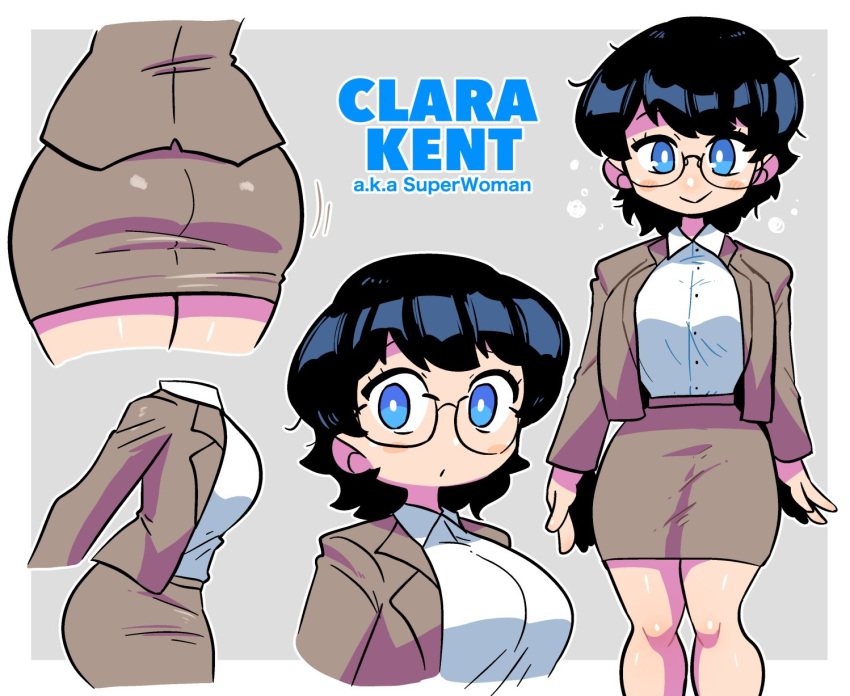 1girl :o ass black_hair blue_eyes blush_stickers breasts bright_pupils character_name clark_kent dc_comics formal from_side genderswap genderswap_(mtf) glasses highres jacket large_breasts multiple_views rariatto_(ganguri) shirt short_hair skirt skirt_suit standing suit white_pupils white_shirt