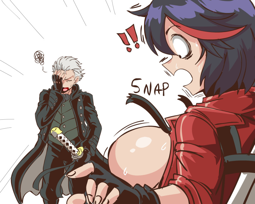 !! 1boy 1girl backboob black_hair bocodamondo breasts cosplay crossover dante_(devil_may_cry) dante_(devil_may_cry)_(cosplay) devil_may_cry devil_may_cry_5 facepalm highres katana kill_la_kill large_breasts matoi_ryuuko motion_lines no_bra short_hair surprised sweat sword vergil wardrobe_malfunction weapon white_hair yamoto