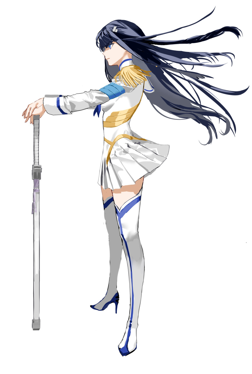 1girl absurdres black_hair blue_eyes boots closed_mouth hand_on_hilt hand_on_weapon high_heel_boots high_heels highres junketsu kill_la_kill kiryuuin_satsuki long_hair scabbard sheath sheathed simple_background skirt solo standing sword thigh_boots thighhighs uniform unye_00 weapon white_background white_footwear white_skirt wind