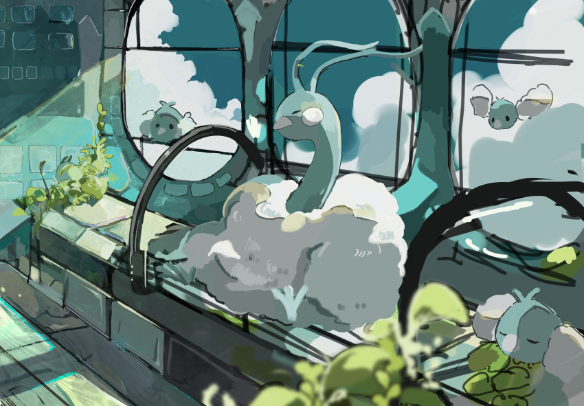 ._. absurdres altaria animal_focus backlighting black_eyes blue_sky blurry_foreground blush_stickers closed_eyes cloud commentary day full_body gen_3_pokemon highres indoors kamonabe_(kamonabeekon) no_humans plant pokemon pokemon_(creature) sitting sketch sky sunlight swablu window