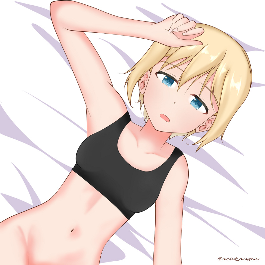 1girl acht_augen bed black_sports_bra blonde_hair blue_eyes blush bottomless collarbone erica_hartmann eyebrows_visible_through_hair groin highres looking_at_viewer navel no_panties on_bed open_mouth shiny shiny_hair shiny_skin short_hair solo sports_bra strike_witches underwear upper_body waking_up world_witches_series