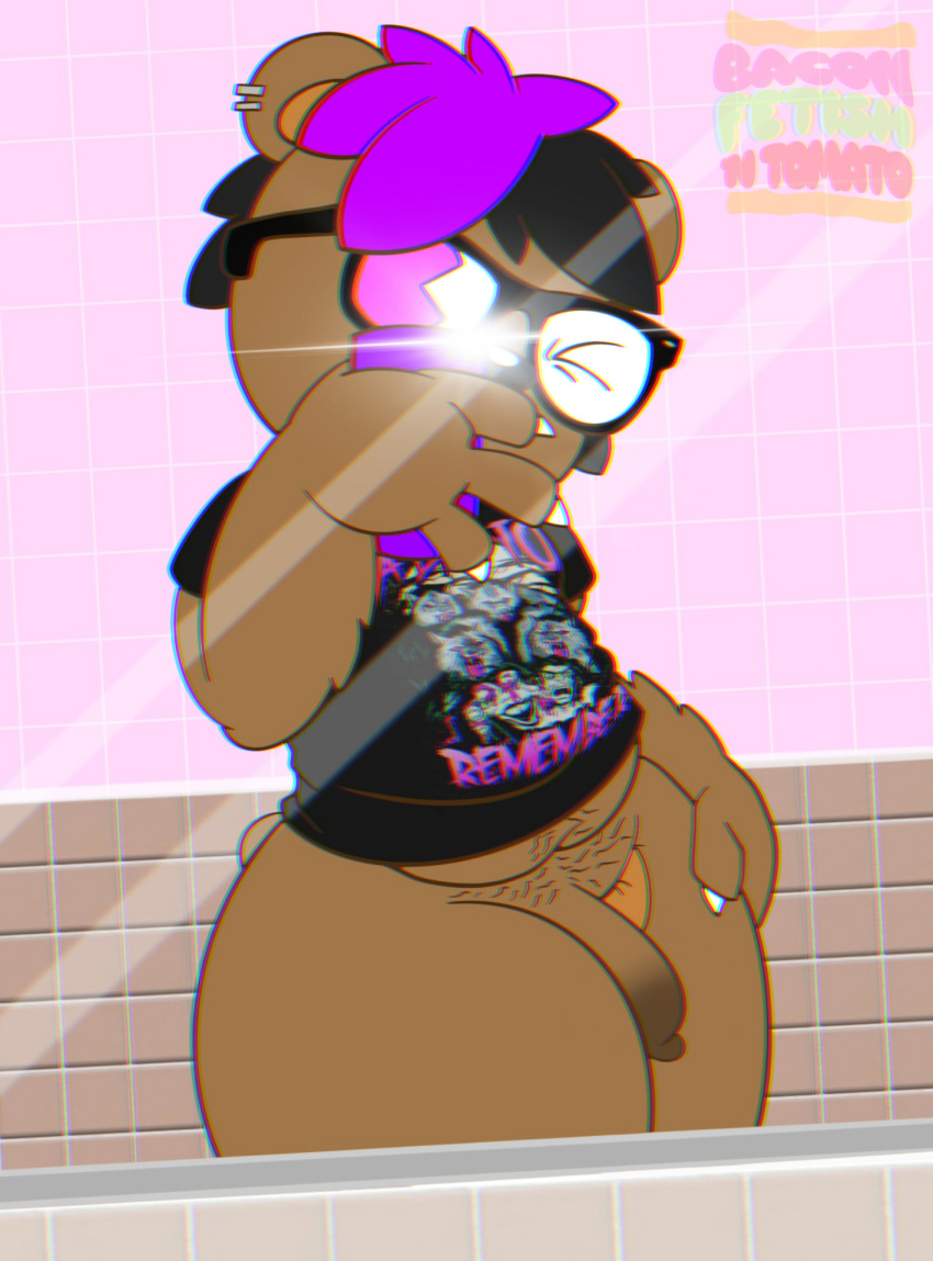 anthro baconfetish'ntomato bathroom belly body_hair bottomless cellphone chromatic_aberration claws clothed clothing digital_media_(artwork) ear_piercing eyewear flaccid foreskin fur gavin_pearson genitals girly glasses hair hand_on_hip happy_trail hi_res holding_object humanoid_genitalia humanoid_penis male mammal mirror_selfie obscured_face one_eye_closed partially_clothed penis phone piercing pink_eyes pubes purple_hair selfie shirt slightly_chubby solo standing t-shirt tail_tuft thick_thighs tile_wall topwear tuft uncut ursid wide_hips wink