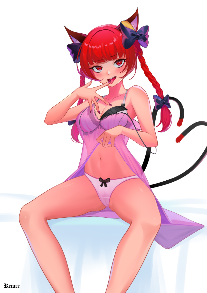 1girl animal_ear_fluff animal_ears bangs bare_shoulders black_bow blunt_bangs blush bow bow_panties bra braid breasts cat_ears cat_tail cleavage collarbone commission eyebrows_visible_through_hair fang feet_out_of_frame finger_licking hair_bow hair_intakes hair_ribbon highres kaenbyou_rin licking lifted_by_self lingerie long_hair looking_at_viewer medium_breasts midriff_peek multiple_tails nail_polish navel negligee nekomata panties pink_negligee recare red_eyes red_hair red_nails ribbon see-through shirt_lift simple_background sitting solo strap_slip tail touhou tress_ribbon twin_braids twintails two_tails underwear underwear_only white_background white_bra white_panties
