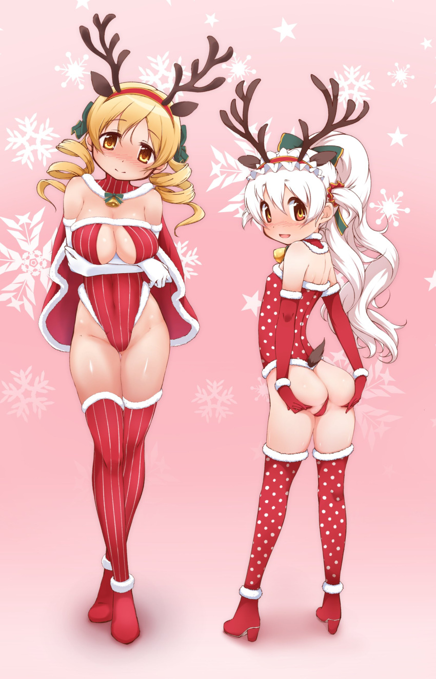 2girls absurdres alternate_costume animal_costume animal_ears antlers ass ass_grab backless_leotard bangs bell blonde_hair blush bow breasts cape christmas cleavage closed_mouth commentary covered_navel crossed_arms deer_ears deer_tail drill_hair elbow_gloves eyebrows_visible_through_hair fake_animal_ears fake_antlers fake_tail from_behind full_body fur-trimmed_cape fur-trimmed_gloves fur-trimmed_legwear fur-trimmed_leotard fur_trim gloves grabbing_own_ass green_bow green_ribbon hair_bow hair_ornament hair_ribbon hair_scrunchie head_tilt highleg highleg_leotard highres large_breasts leotard long_hair looking_at_viewer looking_back mahou_shoujo_madoka_magica medium_hair momoe_nagisa multiple_girls neck_bell open_mouth pink_background polka_dot polka_dot_legwear ponytail red_cape red_eyes red_gloves red_legwear red_leotard red_scrunchie reindeer_antlers reindeer_costume ribbon santa_costume santa_gloves scrunchie side-by-side smile snowflake_background standing starry_background strapless strapless_leotard striped striped_legwear tail thigh_gap thighhighs thighs thong_leotard tomoe_mami twin_drills two_side_up vertical-striped_legwear vertical-striped_leotard vertical_stripes white_gloves white_hair yanmaami yellow_eyes