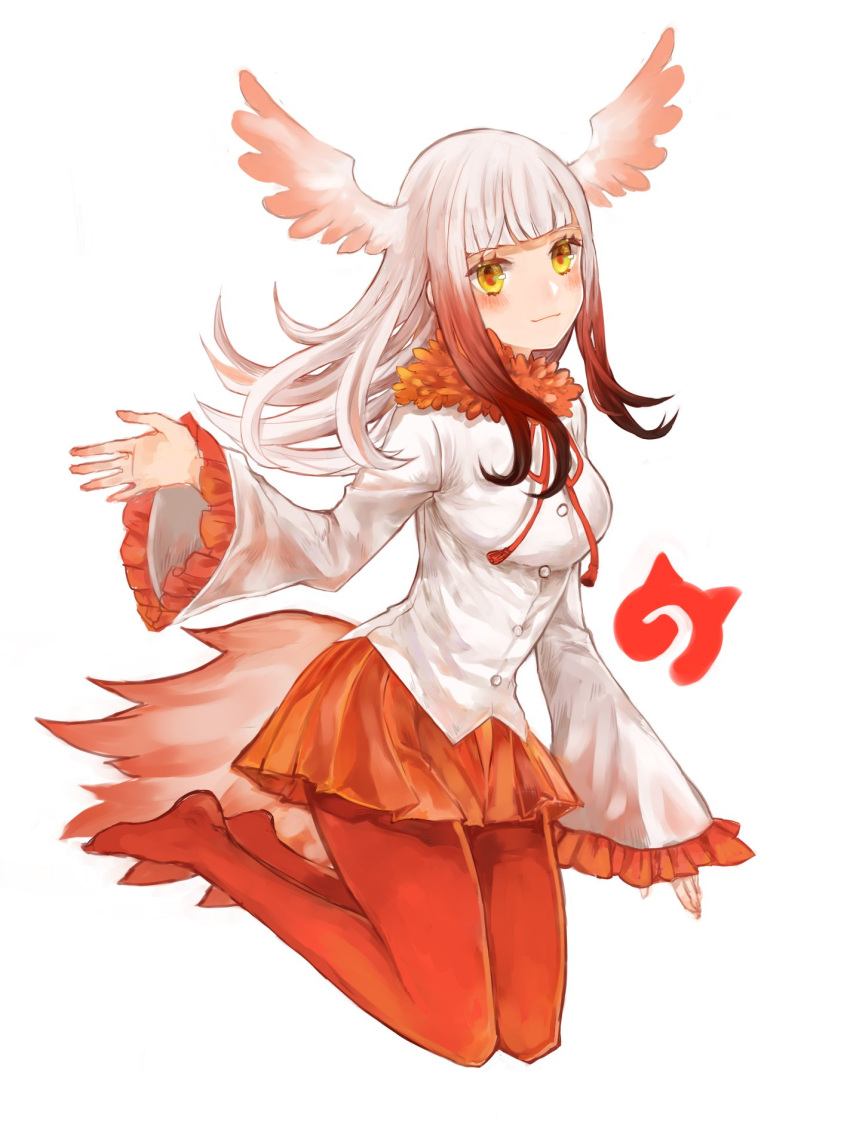 1girl 96no bangs bird_girl bird_tail bird_wings blush buttons commentary_request frilled_sleeves frills full_body fur_collar head_wings highres japanese_crested_ibis_(kemono_friends) japari_symbol kemono_friends long_hair multicolored_hair neck_ribbon no_shoes pantyhose pleated_skirt red_fur red_hair red_legwear red_neckwear red_skirt ribbon shirt sidelocks skirt solo white_hair white_shirt wings yellow_eyes