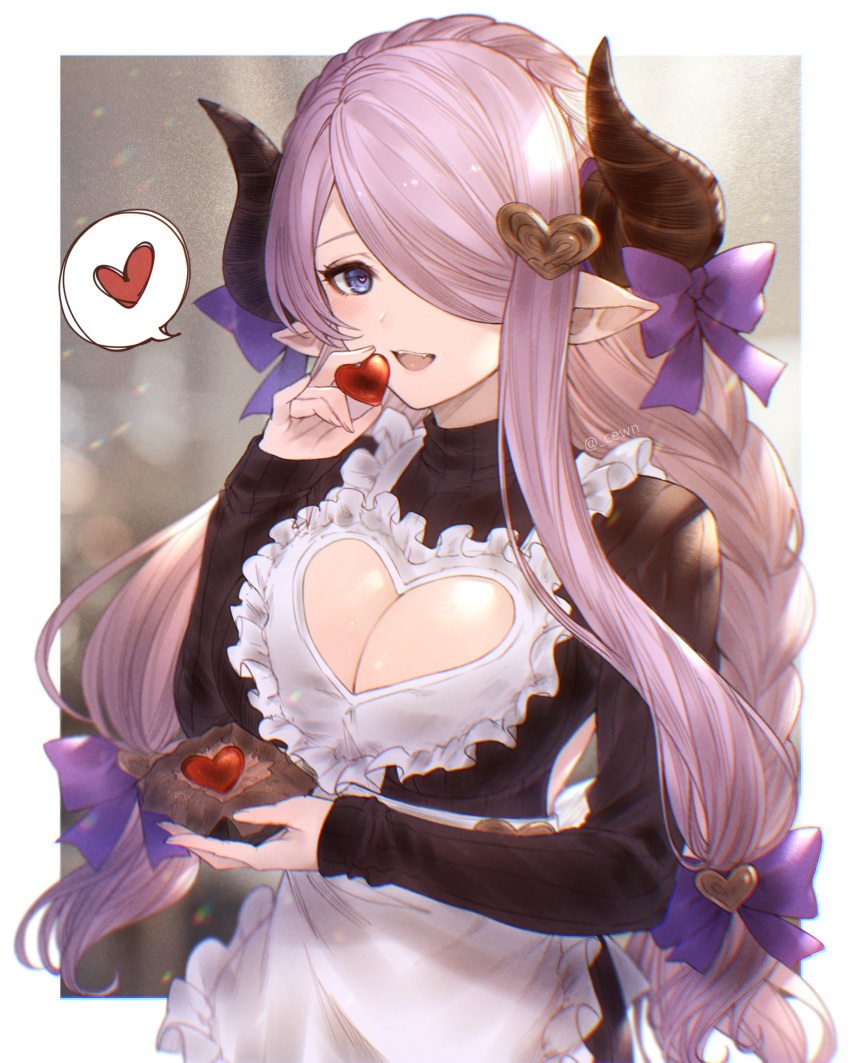 1girl absurdres apron arms_up black_dress blue_eyes blurry blurry_background border bow box braid breasts cleavage cleavage_cutout clothing_cutout demon_horns dress frilled_apron frills granblue_fantasy hair_ornament hair_over_one_eye heart heart_cutout heart_hair_ornament highres holding holding_box holding_heart horns kiri_ph large_breasts light_purple_hair long_hair long_sleeves looking_at_viewer low_tied_hair narmaya_(granblue_fantasy) open_mouth pointy_ears purple_bow purple_hair single_braid smile solo spoken_heart upper_body upper_teeth white_apron