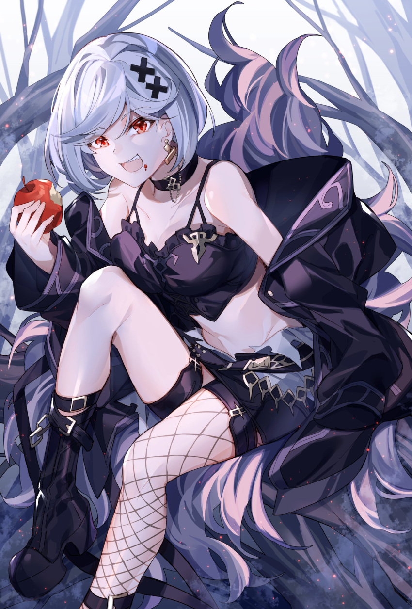 absurdres alter_ego_malevolent_(granblue_fantasy) apple black_camisole black_footwear black_jacket black_nails black_shorts boots camisole choker commentary crumbs diamond_earrings djeeta_(granblue_fantasy) earrings eyebrows_visible_through_hair feather_boa fishnet_legwear fishnets food food_on_face foot_out_of_frame fruit granblue_fantasy grey_hair hair_ornament highres hizuki_miya holding holding_food holding_fruit jacket jewelry leg_strap looking_at_viewer midriff off_shoulder open_mouth outdoors red_eyes short_hair shorts single_leg_pantyhose smile spaghetti_strap tree x_hair_ornament