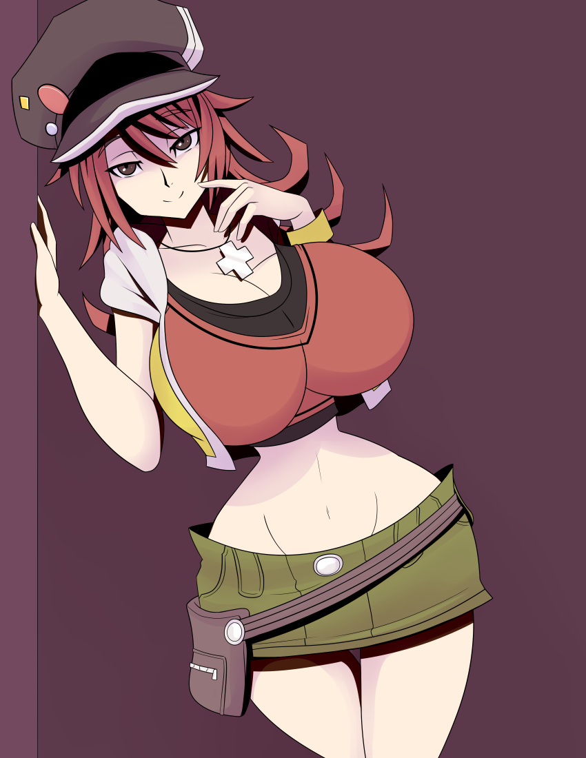 1girl absurdres bad_anatomy breasts brown_eyes cabbie_hat commission commissioner_upload crop_top cross cross_necklace fanny_pack green_skirt hat highres hood hooded_jacket huge_breasts jacket jewelry m-a-v-e-r-i-c-k midriff miniskirt misaki_shiki navel necklace red_hair skinny skirt slender_waist solo stomach subarashiki_kono_sekai wide_hips wristband