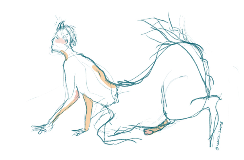 bent_legs blush cervid cervid_taur crawling genitals hair hi_res horn male mammal mammal_taur masturbation minimal_color neevspoilsbees penis short_hair simple_background sketch solo taur white_background