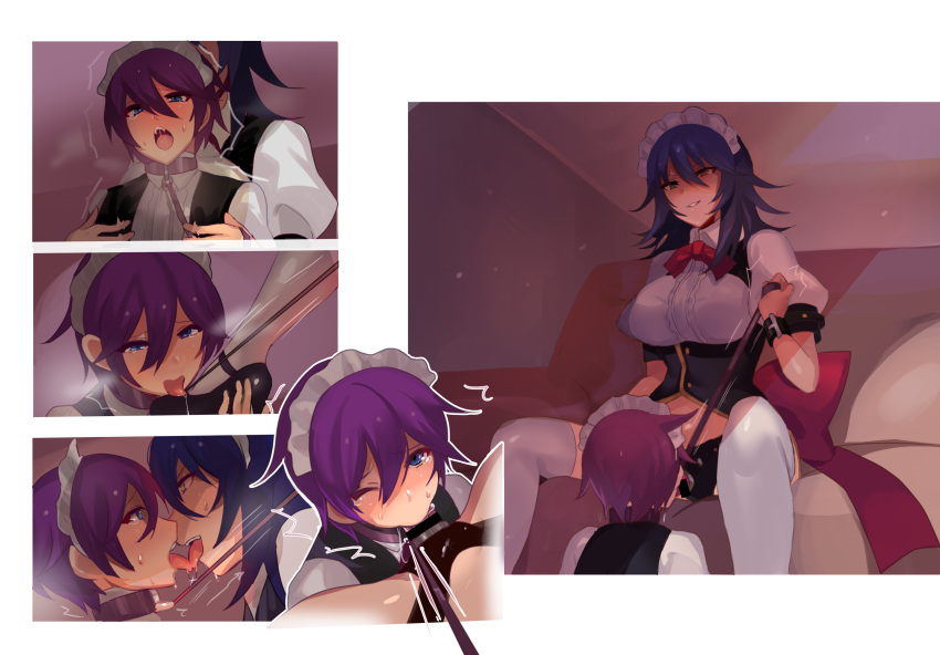 1boy 1girl absurdres blue_eyes blue_hair breasts crossdressing d_kake2 dildo fellatio femdom french_kiss hetero highres implied_anal implied_pegging implied_sex kate_(mon-musu_quest!) kiss leash leash_pull licking long_hair luka_(mon-musu_quest!) maid maid_headdress mon-musu_quest! mon-musu_quest:_paradox one_eye_closed open_mouth oral pegging purple_hair red_neckwear saliva sex_toy short_hair smirk standing strap-on sweat thighhighs tongue tongue_out white_legwear yellow_eyes