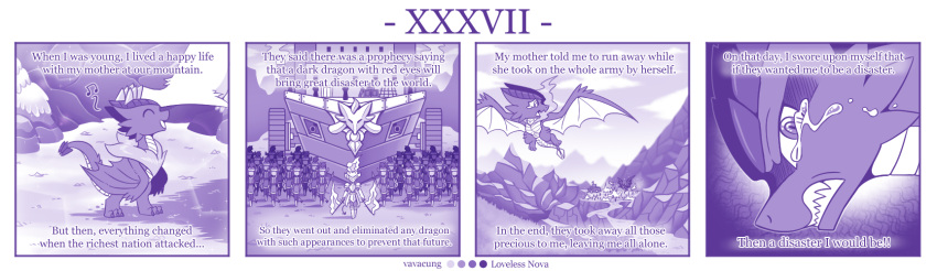 4koma ambiguous_gender anthro braver_(character) clothing comic dialogue disaster_dragon dragon duo english_text feral hi_res kobold mask melee_weapon monochrome profanity purple_theme scalie speech_bubble text vavacung weapon wings