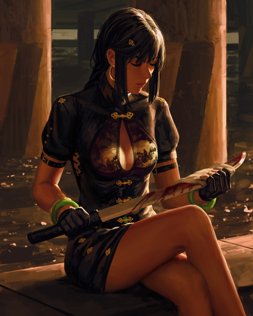 1girl absurdres black_dress black_gloves black_hair blood bloody_weapon breasts china_dress chinese_clothes cleaning_weapon cleavage cleavage_cutout closed_eyes closed_mouth clothing_cutout commentary crossed_legs dress earrings english_commentary feet_out_of_frame fingerless_gloves gloves guweiz highres holding holding_weapon hoop_earrings jewelry long_hair machete medium_breasts original pillar puffy_short_sleeves puffy_sleeves short_sleeves sitting solo weapon