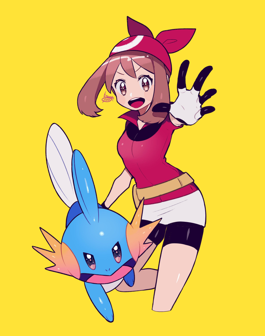 1girl absurdres artist_name bike_shorts black_shorts brown_eyes brown_hair commentary cropped_legs fanny_pack gen_3_pokemon highres kisaragi_yuu_(fallen_sky) looking_at_viewer may_(pokemon) medium_hair mudkip open_mouth poke_ball_symbol pokemon pokemon_(creature) pokemon_(game) pokemon_rse reaching_out red_bandana red_shirt shirt short_sleeves shorts sidelocks signature simple_background smile solo standing yellow_background