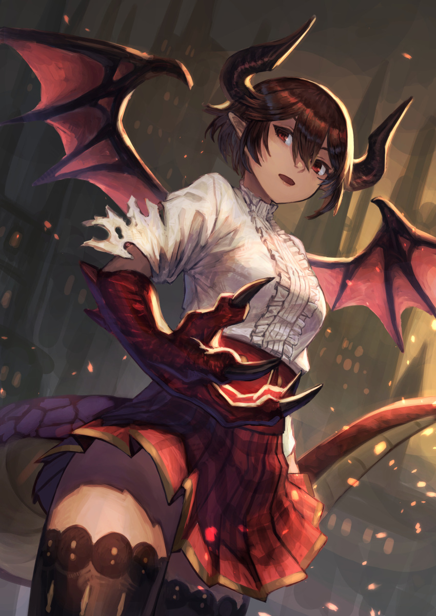 absurdres brown_hair brown_legwear castle claws dragon_girl dragon_horns dragon_tail dragon_wings embers frills grea_(shingeki_no_bahamut) hair_between_eyes highres horns konoike_(pepe_expect) open_mouth outdoors pointy_ears red_eyes red_skirt shingeki_no_bahamut short_hair skirt tail thighhighs torn torn_clothes wings