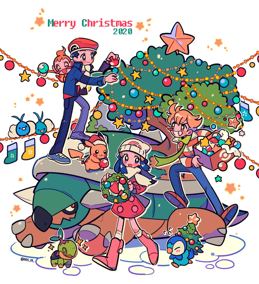 1girl 2020 2boys barry_(pokemon) beanie blush boots box brown_footwear chimchar christmas christmas_tree chueog coat commentary dawn_(pokemon) gen_1_pokemon gen_3_pokemon gen_4_pokemon green_scarf hat hatted_pokemon highres holding jacket lucas_(pokemon) merry_christmas multiple_boys pants pikachu pink_footwear piplup poke_ball_print pokemon pokemon_(creature) pokemon_(game) pokemon_dppt pokemon_platinum red_headwear scarf shoes smile socks sparkle standing swablu torterra turtwig white_headwear white_legwear white_scarf wreath