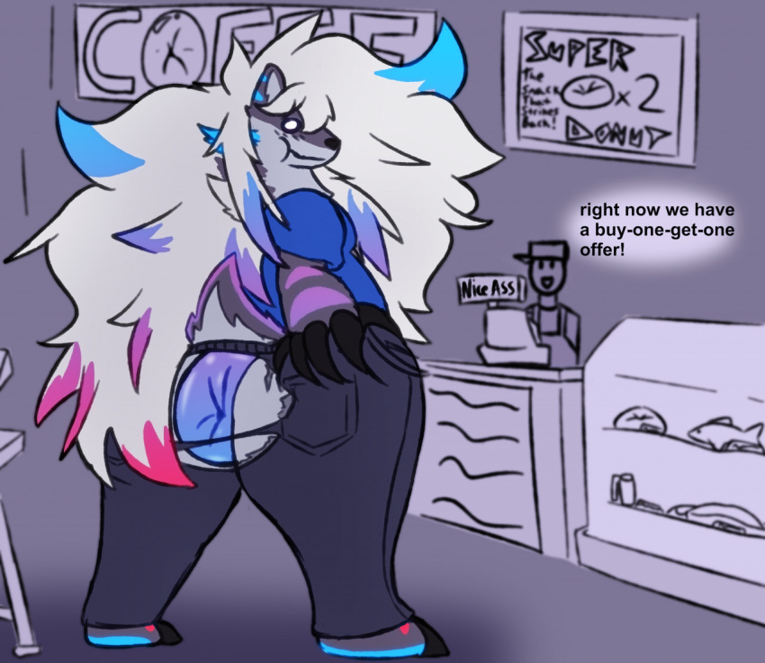 anthro anus anus_expansion ashiinu cafe clothing donut_anus expansion female fish hair hand_on_butt hand_on_own_butt long_hair marine shark solo tagme torn_clothing
