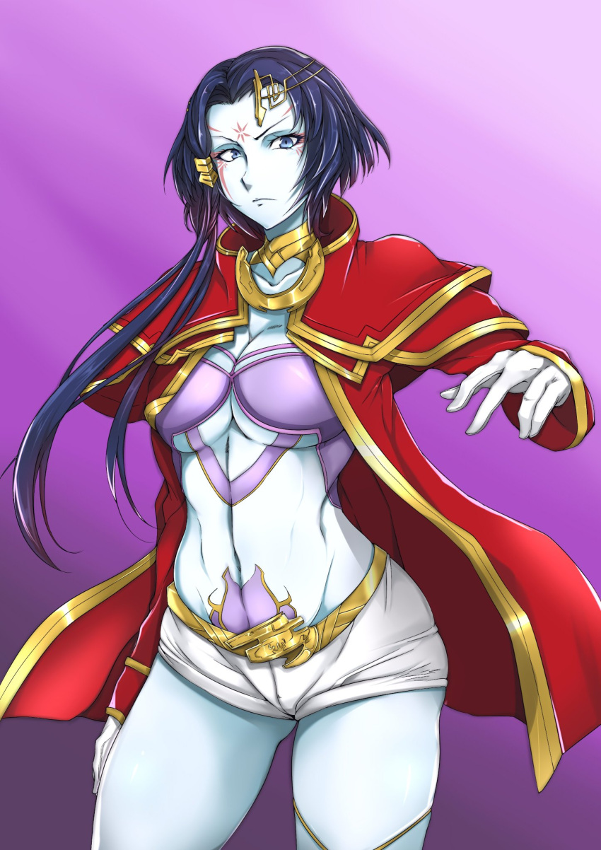 1girl alien blue_hair blue_skin breasts cape cleavage collarbone colored_skin divorty facial_mark forehead_mark gggg gold_choker hair_ornament highres medium_breasts navel open_hand short_hair short_hair_with_long_locks short_shorts shorts solo super_robot_wars super_robot_wars_bx underboob v-shaped_eyebrows white_shorts