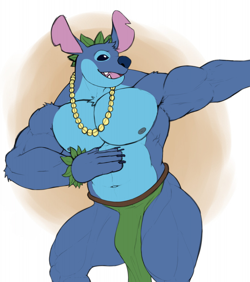 2021 5_fingers alien anthro anthrofied blue_body blue_eyes blue_fur blue_nose chest_tuft dancing disney experiment_(lilo_and_stitch) fingers fur head_tuft hi_res hula hula_dancer humanoid_hands jewelry koffisusu69 lilo_and_stitch male muscular muscular_anthro muscular_male navel necklace nipples notched_ear open_mouth open_smile pecs smile solo stitch_(lilo_and_stitch) tuft