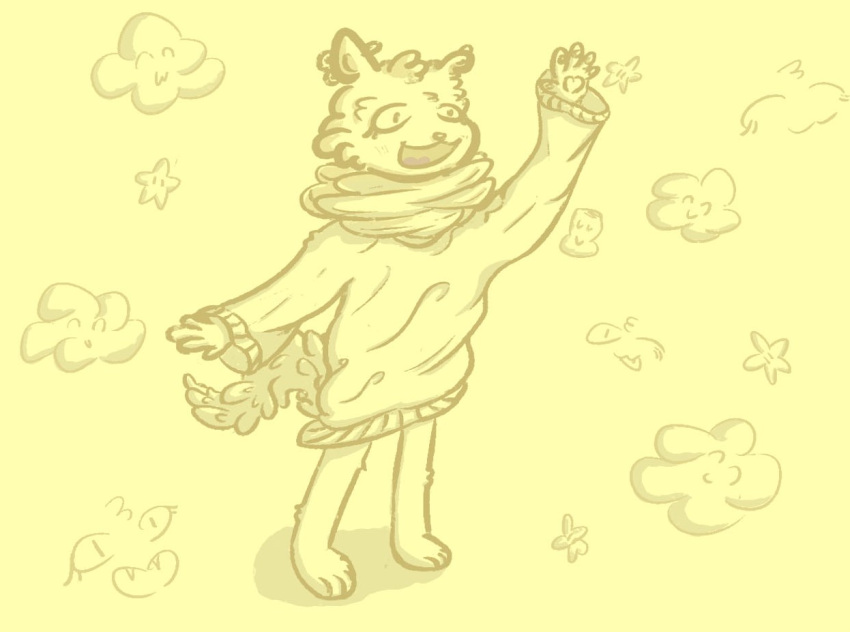 anthro bzew cady_(bzew) clothing cloud domestic_cat ear_piercing felid feline felis gesture male mammal pawpads paws piercing scarf sketch solo star sweater topwear waving