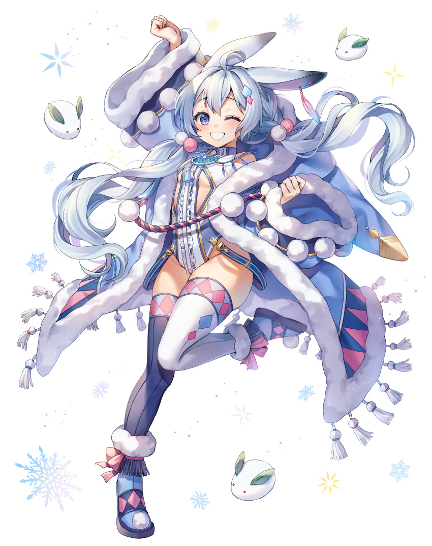 1girl absurdres animal_ears arm_up black_legwear blue_eyes blue_footwear blue_hair blue_leotard boots breasts bunny_ears center_frills chyoling coat commentary_request frills full_body fur-trimmed_boots fur-trimmed_coat fur-trimmed_sleeves fur_trim groin highres hood hood_down hooded_coat leotard long_hair long_sleeves looking_at_viewer low_twintails mismatched_legwear one_eye_closed open_clothes open_coat original small_breasts smile snow_bunny snowflakes solo standing standing_on_one_leg thighhighs twintails very_long_hair white_background white_legwear wide_sleeves