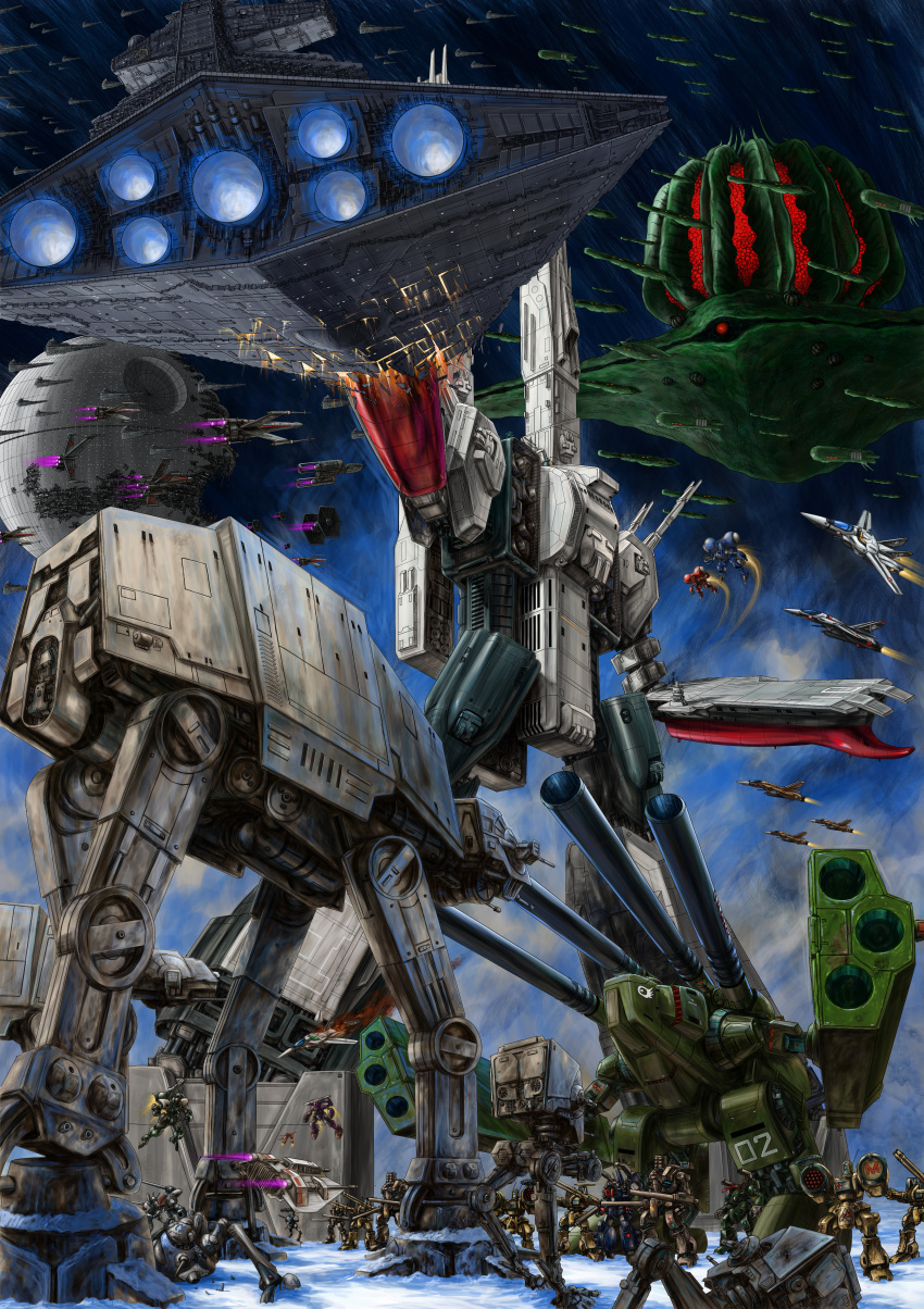 absurdres alien at-at at-at_walker at-st b-wing battle boddole_zer commentary commentary_request crossover daedalus_attack damaged death_star debris energy_cannon fleet flying galactic_empire glaug highres hoth huge_filesize macross macross:_do_you_remember_love? mecha military millenium_falcon missile_pod monster_destroid nousjadeul-ger nupetiet-vergnitzs phalanx_(destroid) power_armor prometheus_(ship) queadluun-rau quiltra-queleual regult robotech science_fiction sdf-1 snow snowspeeder space_craft space_station spartan_(destroid) star_destroyer star_wars starfighter t-65_x-wing thrusters tie_fighter tomahawk_(destroid) u.n._spacy variable_fighter vf-1 walker wreckage x-wing y-wing zandan_zero_to_na!? zentradi