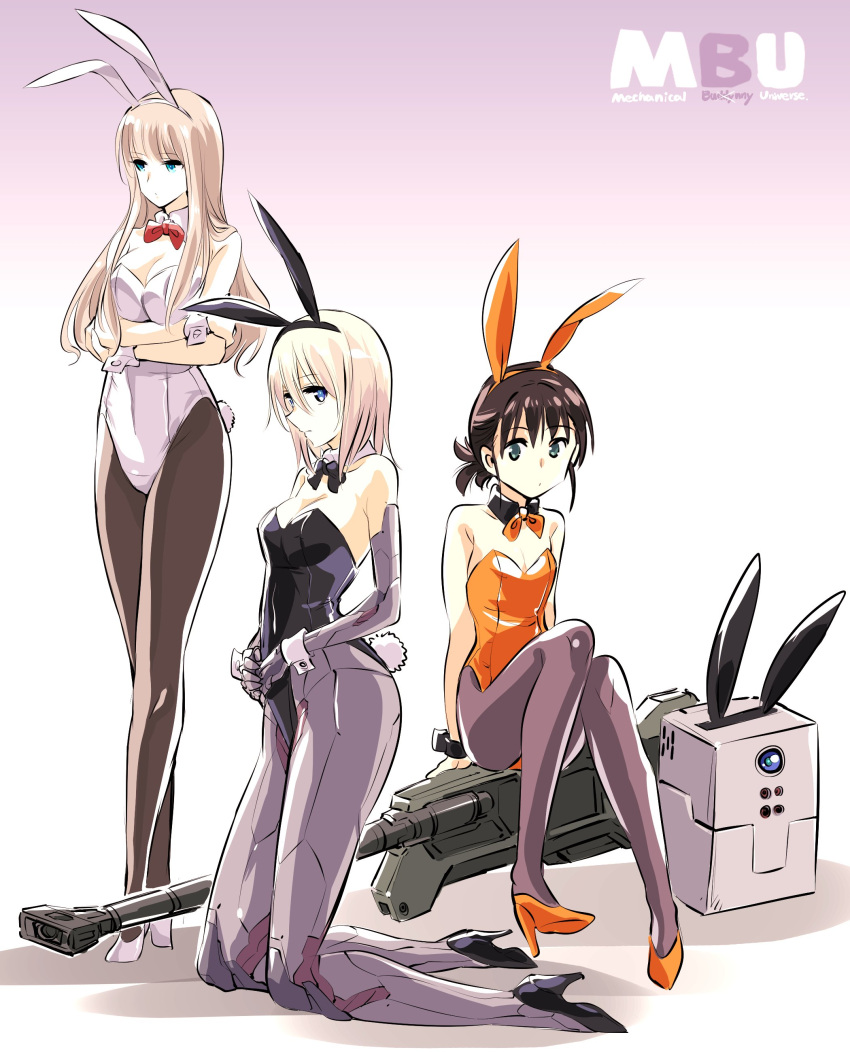 3girls absurdres animal_ears aqua_eyes bangs black_collar black_footwear black_hair black_legwear black_leotard black_neckwear blue_eyes bow bowtie breasts bunny_ears bunny_tail cleavage collar commentary copyright_name covered_navel crossed_arms detached_collar english_text eyebrows_visible_through_hair fake_animal_ears fake_tail gradient gradient_background green_eyes grey_background grey_legwear gun high_heels highres huge_weapon ishiyumi kneeling large_breasts leotard light_frown long_hair looking_at_viewer low_twintails mechanical_arms mechanical_buddy_universe mechanical_legs medium_hair multiple_girls orange_footwear orange_leotard orange_neckwear pantyhose playboy_bunny red_neckwear shadow short_twintails sidelocks silver_hair sitting small_breasts standing strapless strapless_leotard tail twintails weapon weapon_request white_collar white_footwear white_leotard wing_collar wrist_cuffs