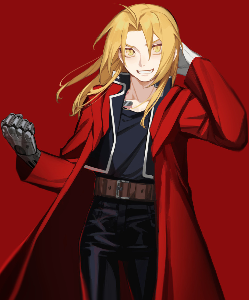 1boy absurdres ahoge belt belt_buckle blonde_hair brown_belt buckle cbow clenched_hand coat collarbone edward_elric fullmetal_alchemist gloves hair_between_eyes highres long_hair male_focus mechanical_arm red_background red_coat simple_background single_glove smile solo teeth white_gloves yellow_eyes