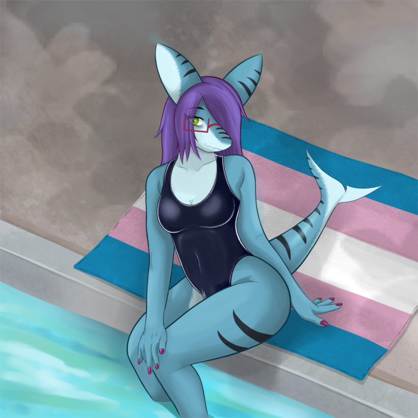 1:1 anthro beach_towel breasts bulge clothed clothing dutchsyndicalist eyewear fish glasses green_eyes gynomorph hair hi_res intersex lgbt_pride looking_at_viewer marine non-mammal_breasts one-piece_swimsuit pride_colors purple_hair red_eyewear red_glasses requiem_shark shark small_breasts smile solo stripes swimwear thick_thighs tiger_shark tight_clothing towel trans_(lore) trans_woman_(lore)