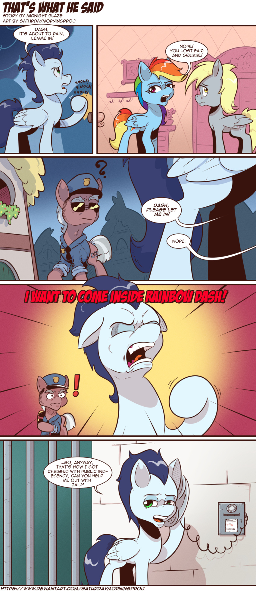 ! ? absurd_res blonde_hair clothing derpy_hooves_(mlp) english_text equid equine female friendship_is_magic hair hasbro hi_res male mammal multicolored_hair multicolored_tail my_little_pony out_of_context pegasus police police_hat police_officer police_uniform rainbow_dash_(mlp) rainbow_hair rainbow_tail raincloud saturdaymorningproj soarin_(mlp) text uniform url wings wonderbolts_(mlp)